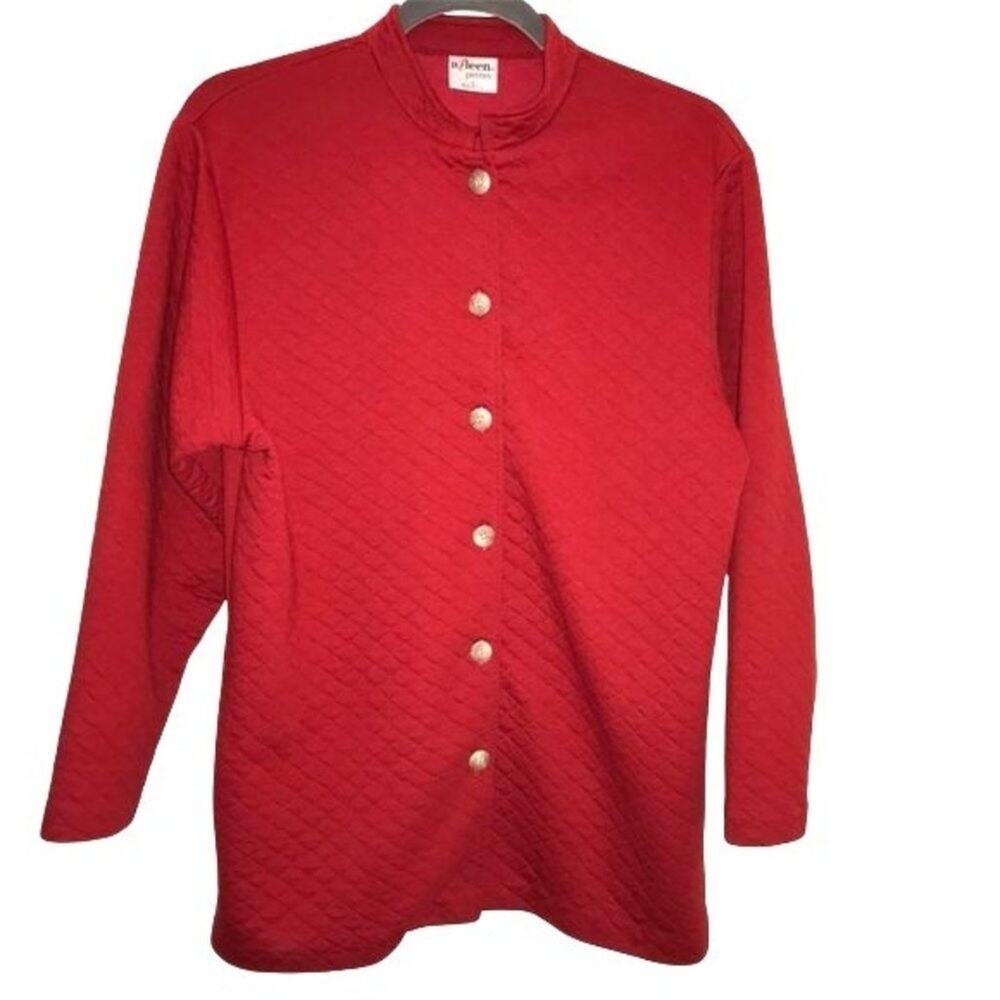 Aileen Petites Button Down Red Coat Quilted Design Collared Women's Size Small